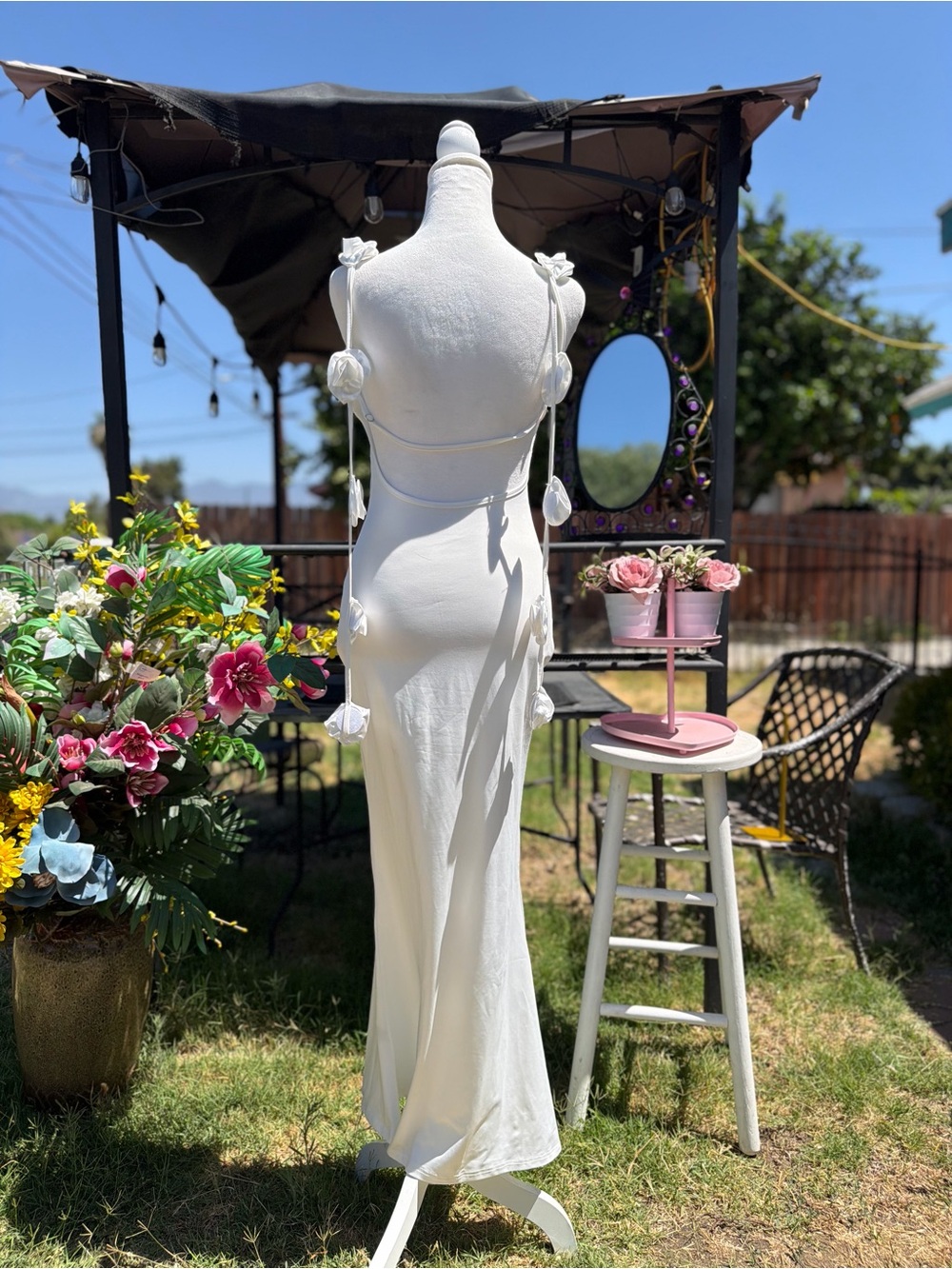 Othr White Backless Maxi Dress with Floral Tie Accents